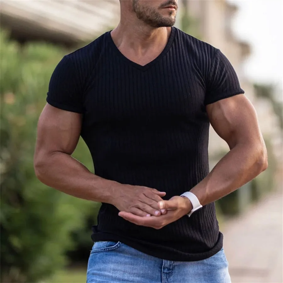 Men V Neck Short Sleeve T Shirt Slim Fit Sports Strips T-shirt Male Solid Fashion Tees Tops Summer Knitted Gym Fitness Clothing