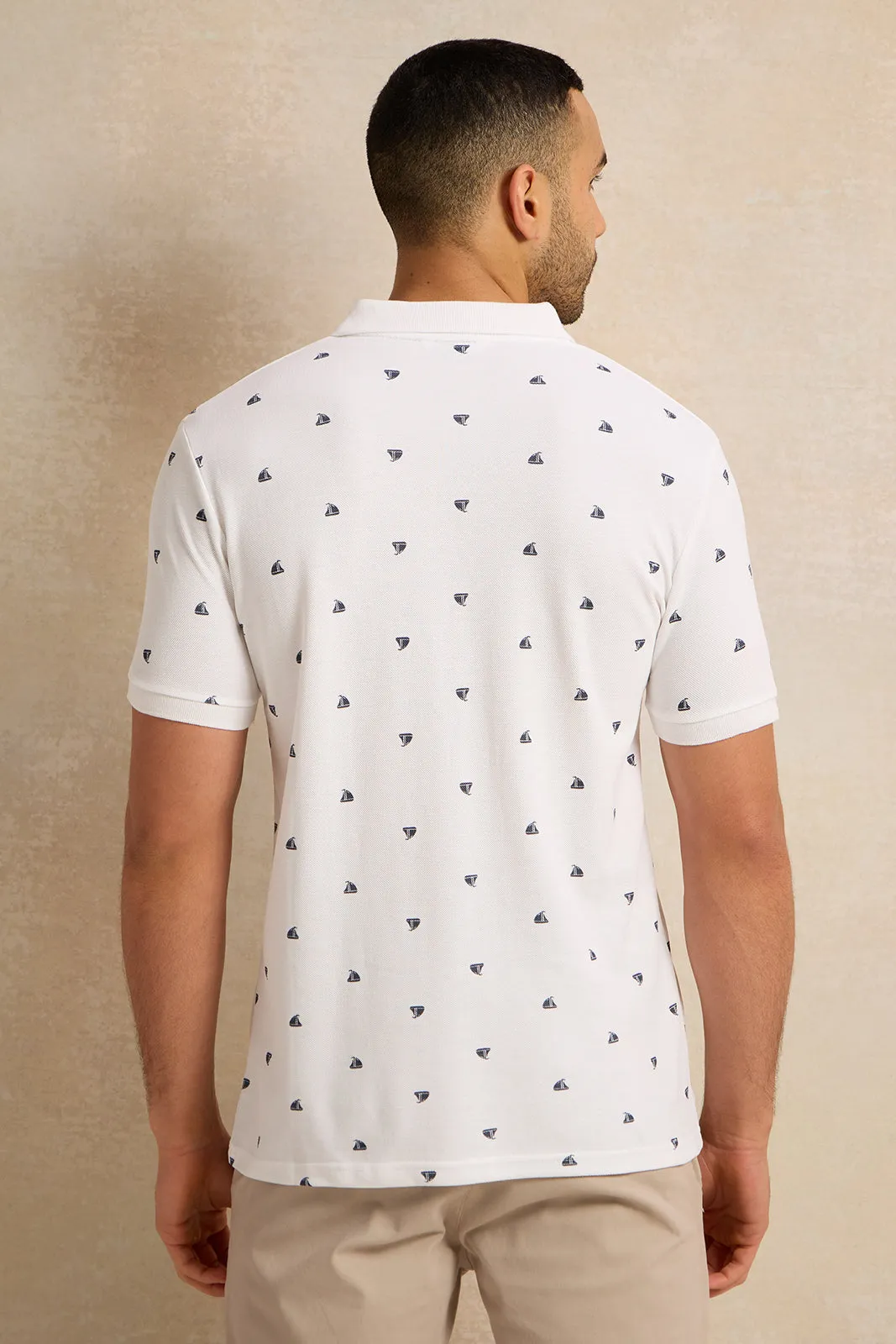 Men White All Over Print Polo Shirt