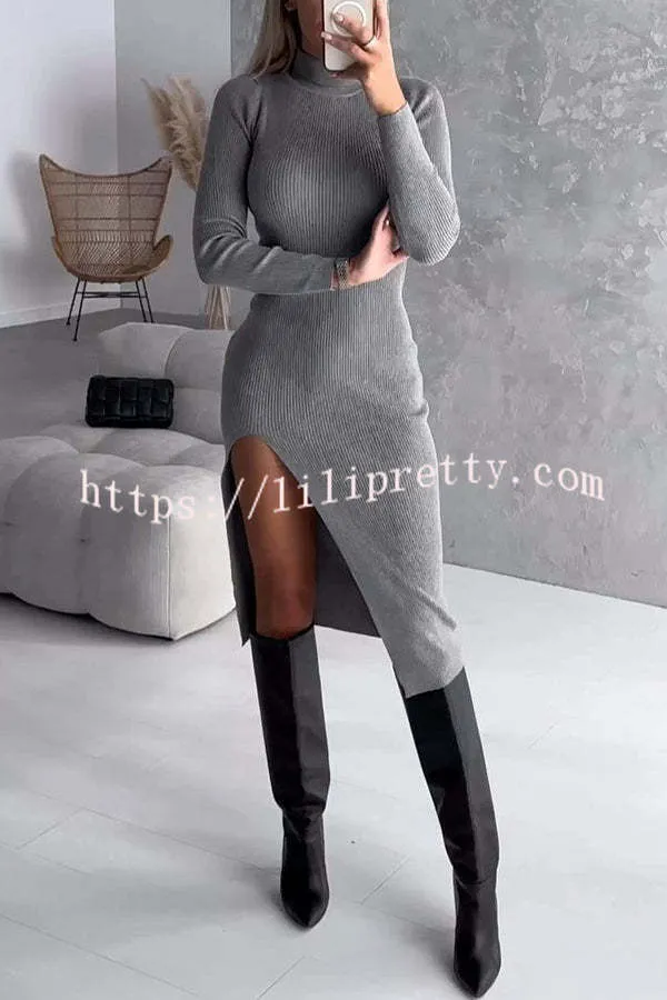 Morning Escape Knit Turtleneck Long Sleeve Slit Irregular Midi Dress