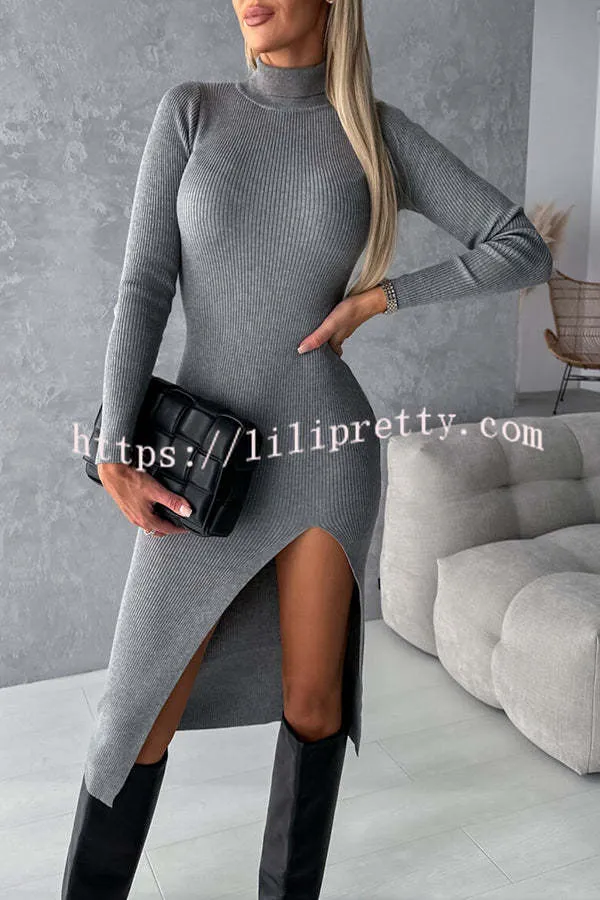 Morning Escape Knit Turtleneck Long Sleeve Slit Irregular Midi Dress