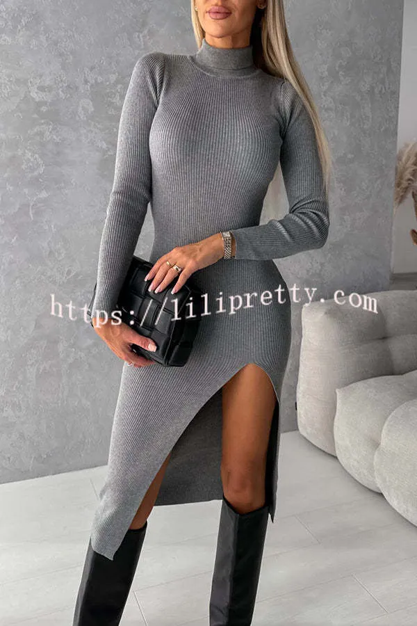 Morning Escape Knit Turtleneck Long Sleeve Slit Irregular Midi Dress