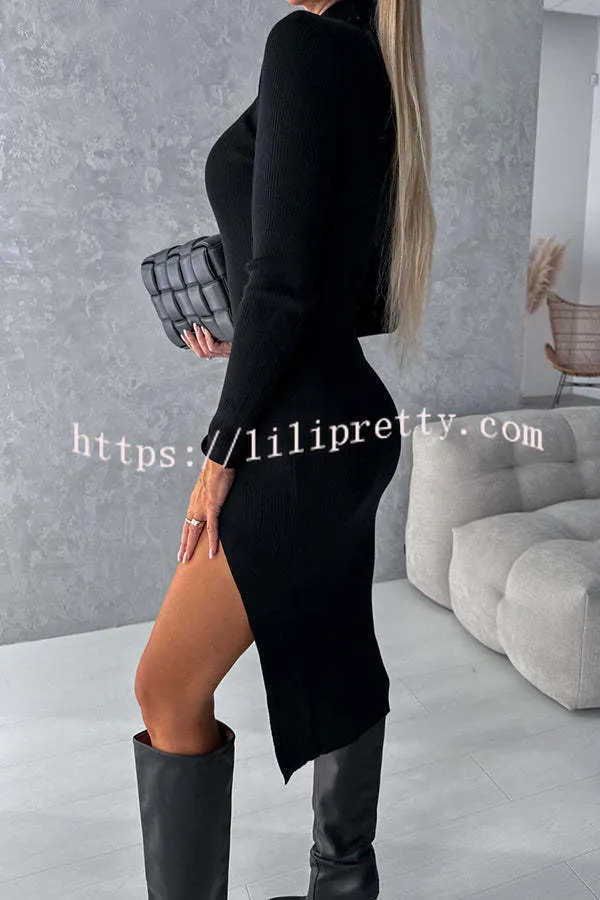 Morning Escape Knit Turtleneck Long Sleeve Slit Irregular Midi Dress