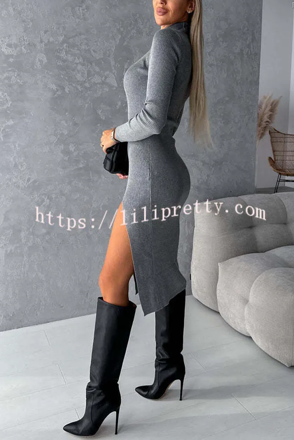 Morning Escape Knit Turtleneck Long Sleeve Slit Irregular Midi Dress