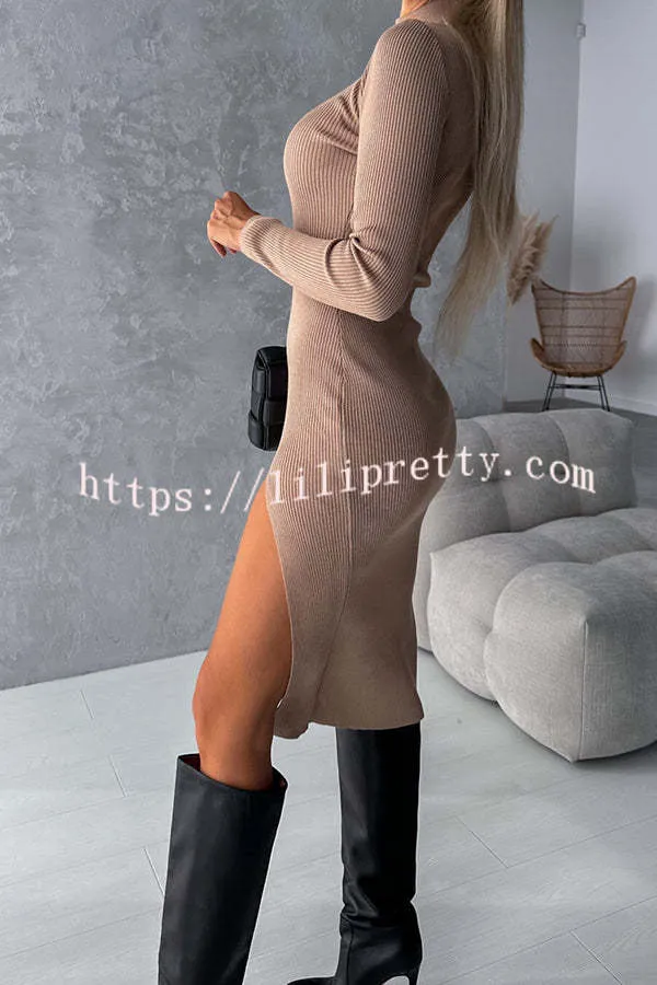 Morning Escape Knit Turtleneck Long Sleeve Slit Irregular Midi Dress