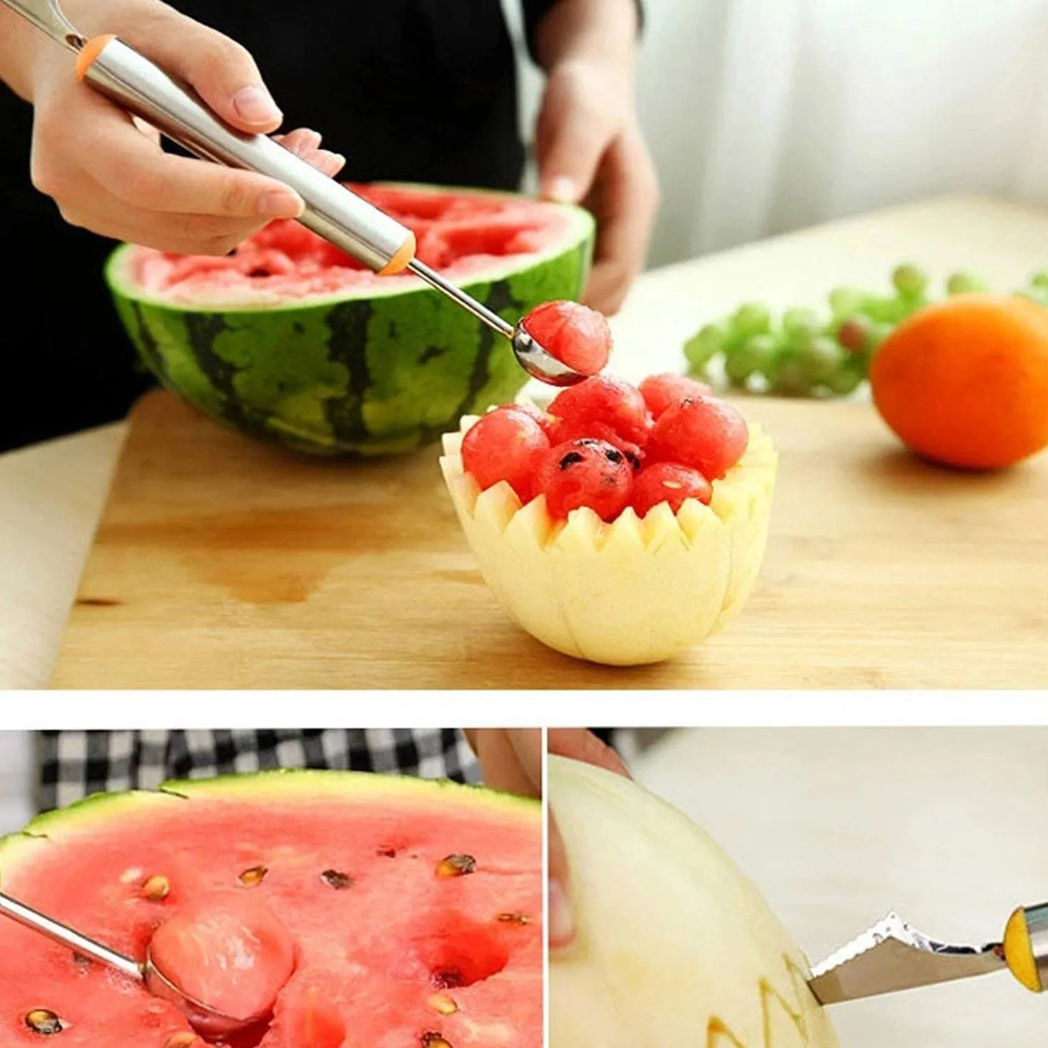 Multifunctional 2 in 1 Melon Baller - Stainless Steel Dig Scoop with Fruit Carving Knife.