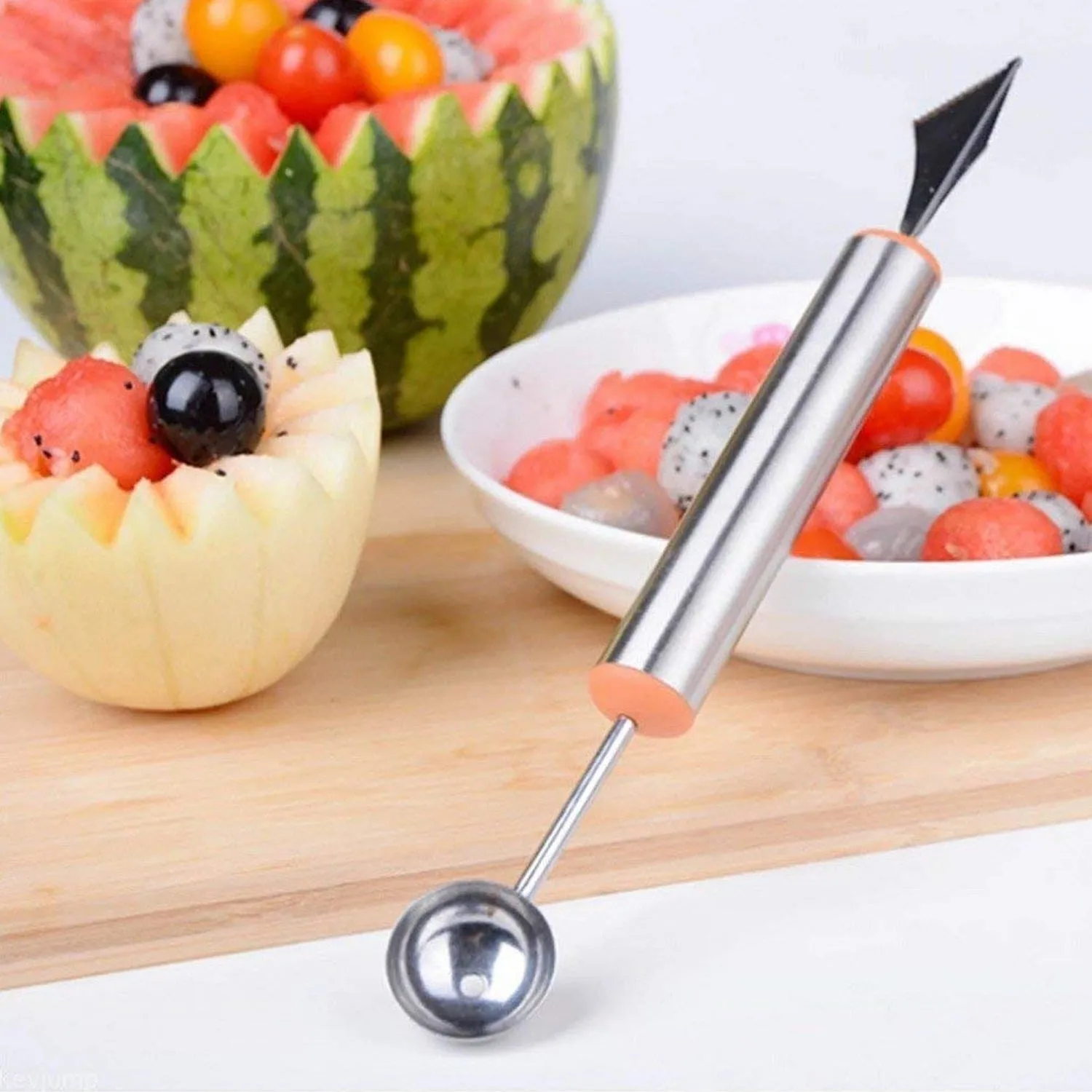 Multifunctional 2 in 1 Melon Baller - Stainless Steel Dig Scoop with Fruit Carving Knife.