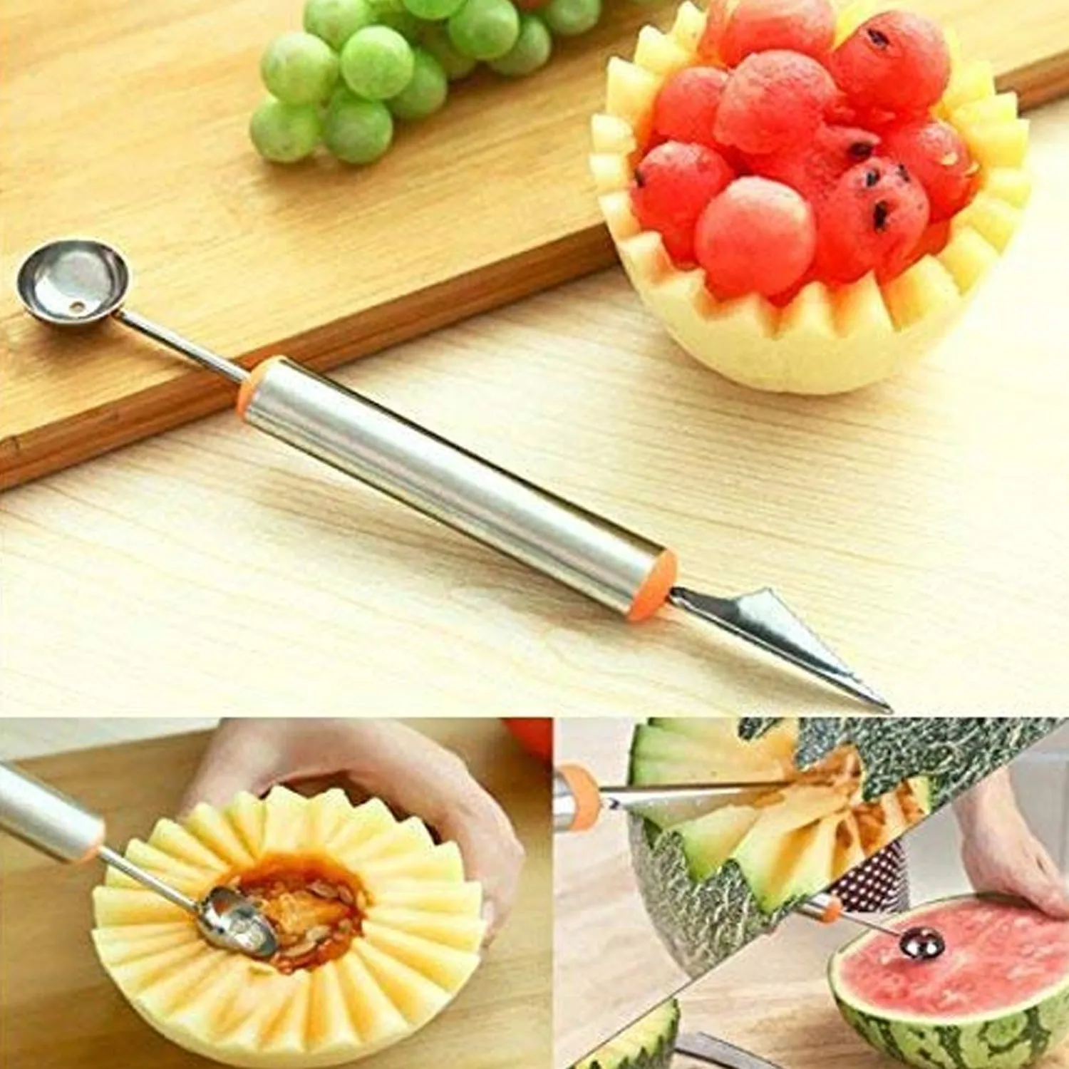 Multifunctional 2 in 1 Melon Baller - Stainless Steel Dig Scoop with Fruit Carving Knife.