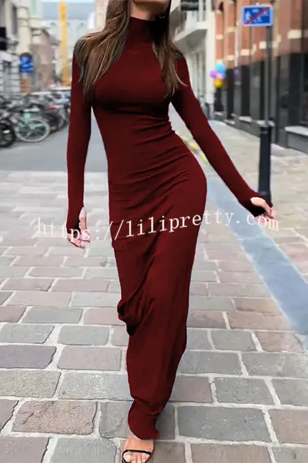 Need and Want Turtleneck Solid Long Sleeves Stretch Maxi Dress