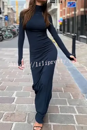 Need and Want Turtleneck Solid Long Sleeves Stretch Maxi Dress