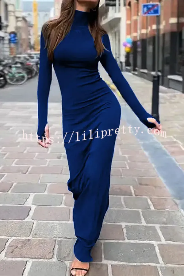 Need and Want Turtleneck Solid Long Sleeves Stretch Maxi Dress