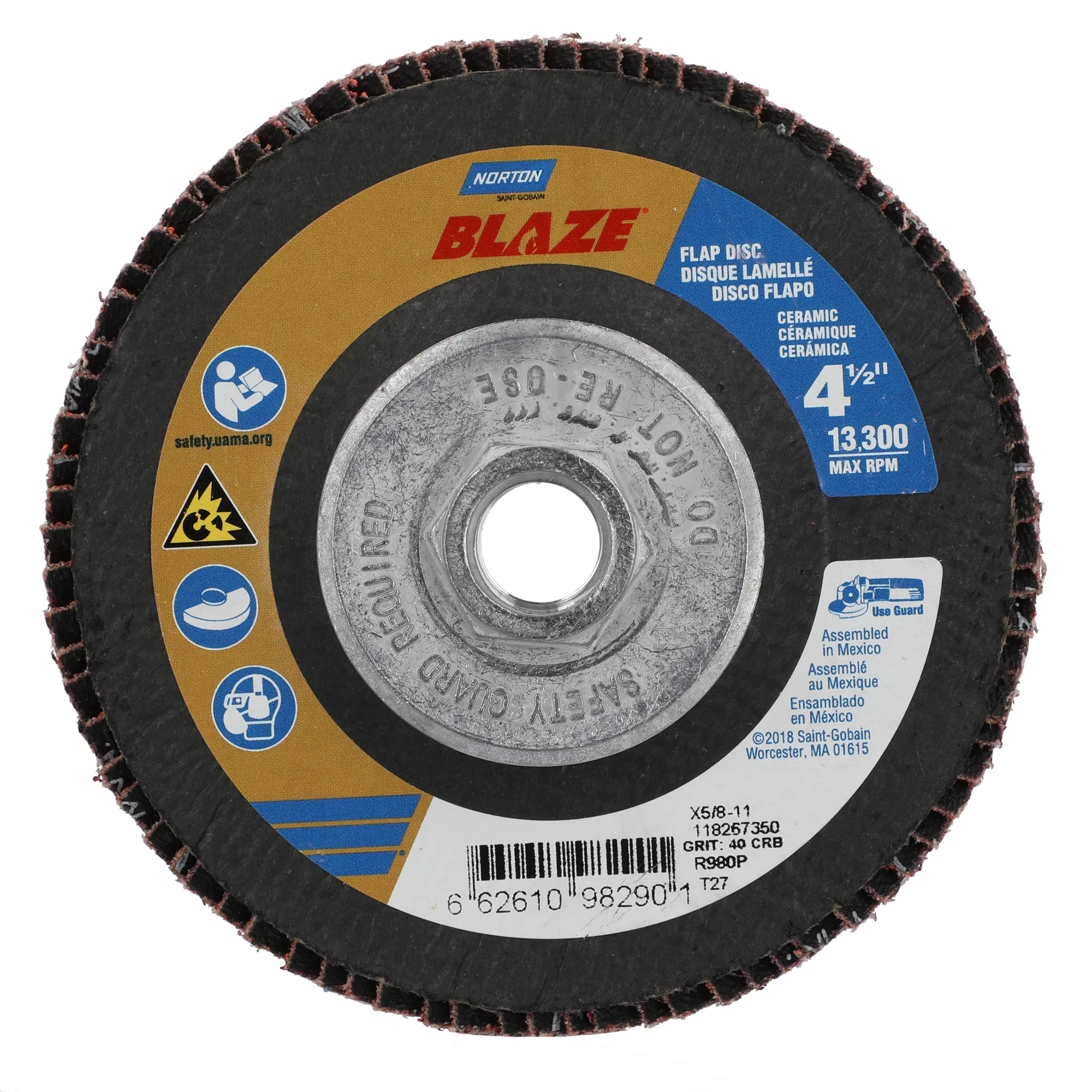 Norton 4-1/2 x 5/8 - 11 In. Blaze Fiberglass HD Flat Flap Disc T27 40 Grit R980P CA 10 Count