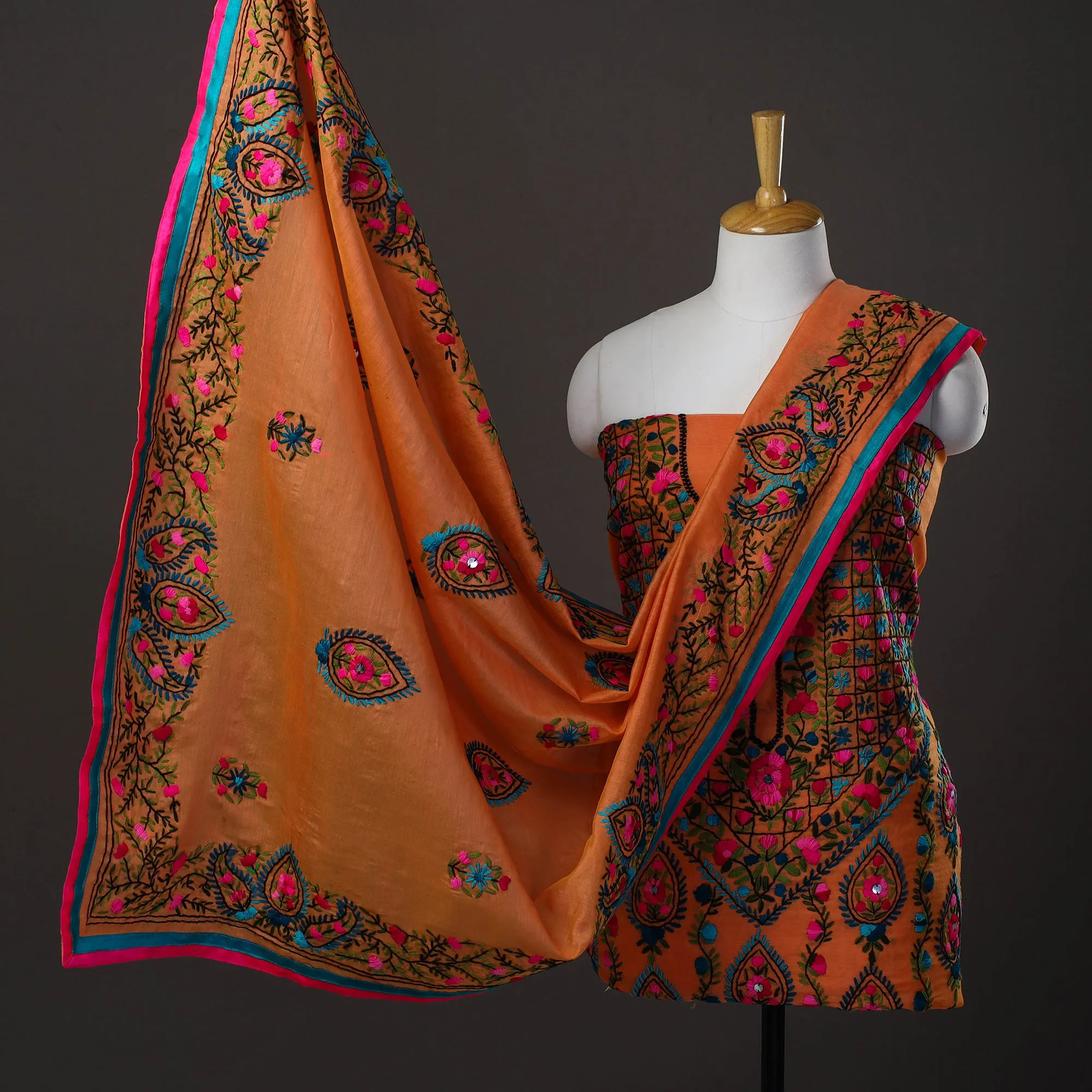 Orange - 3pc Hand Embroidery Chanderi Silk Phulkari Dress Material 43