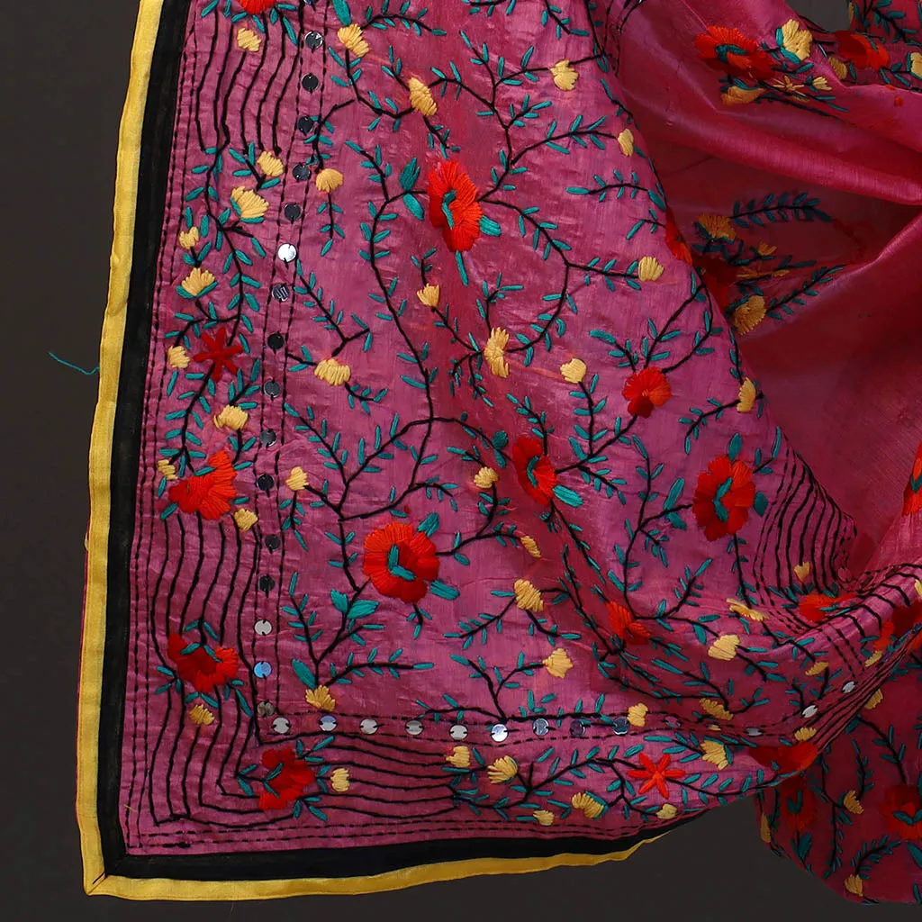 Pink - 3pc Hand Embroidery Chanderi Silk Phulkari Dress Material 63