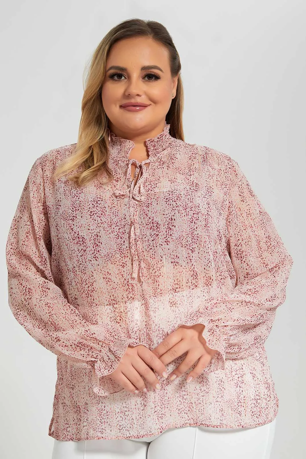 Pink Printed Blouse With Shiny Lurex Stripes