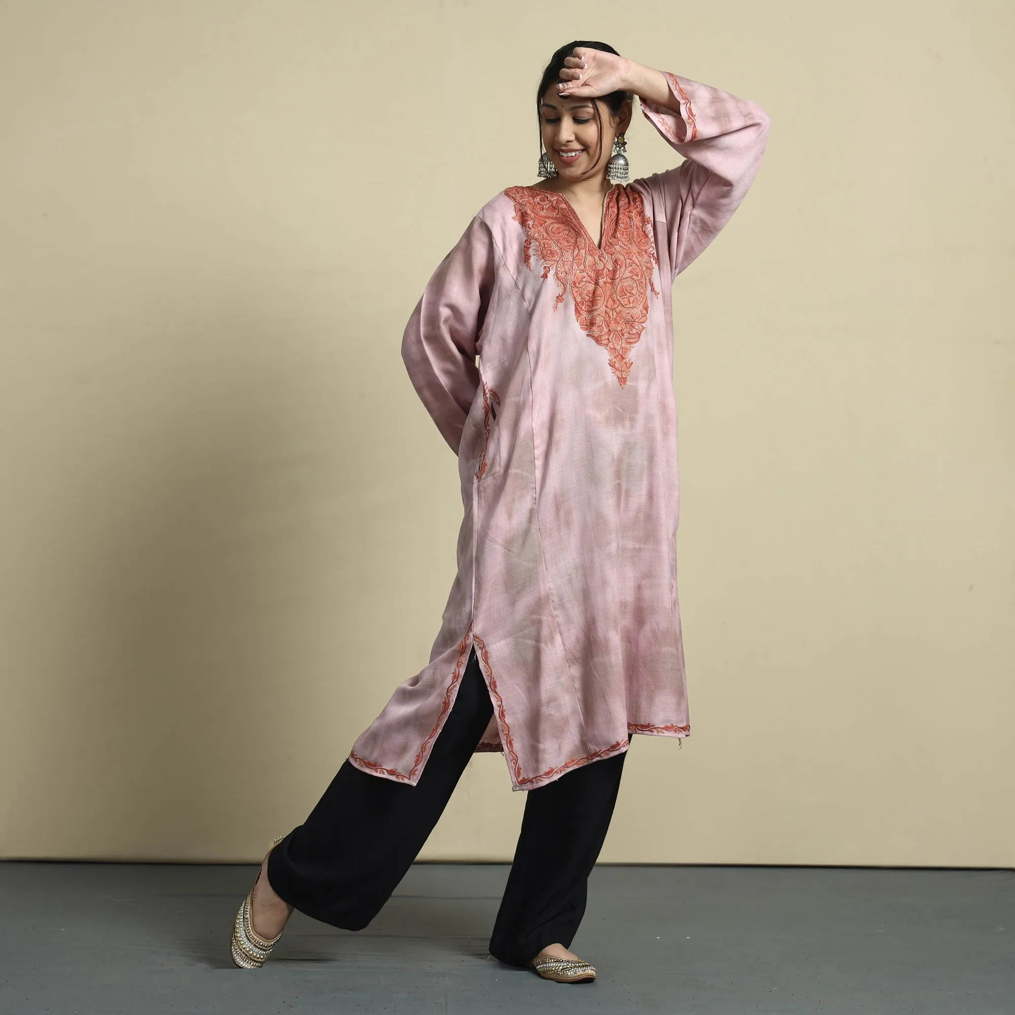 Pink - Shibori Tie-Dye Aari Embroidery Kashmiri Wool Pheran