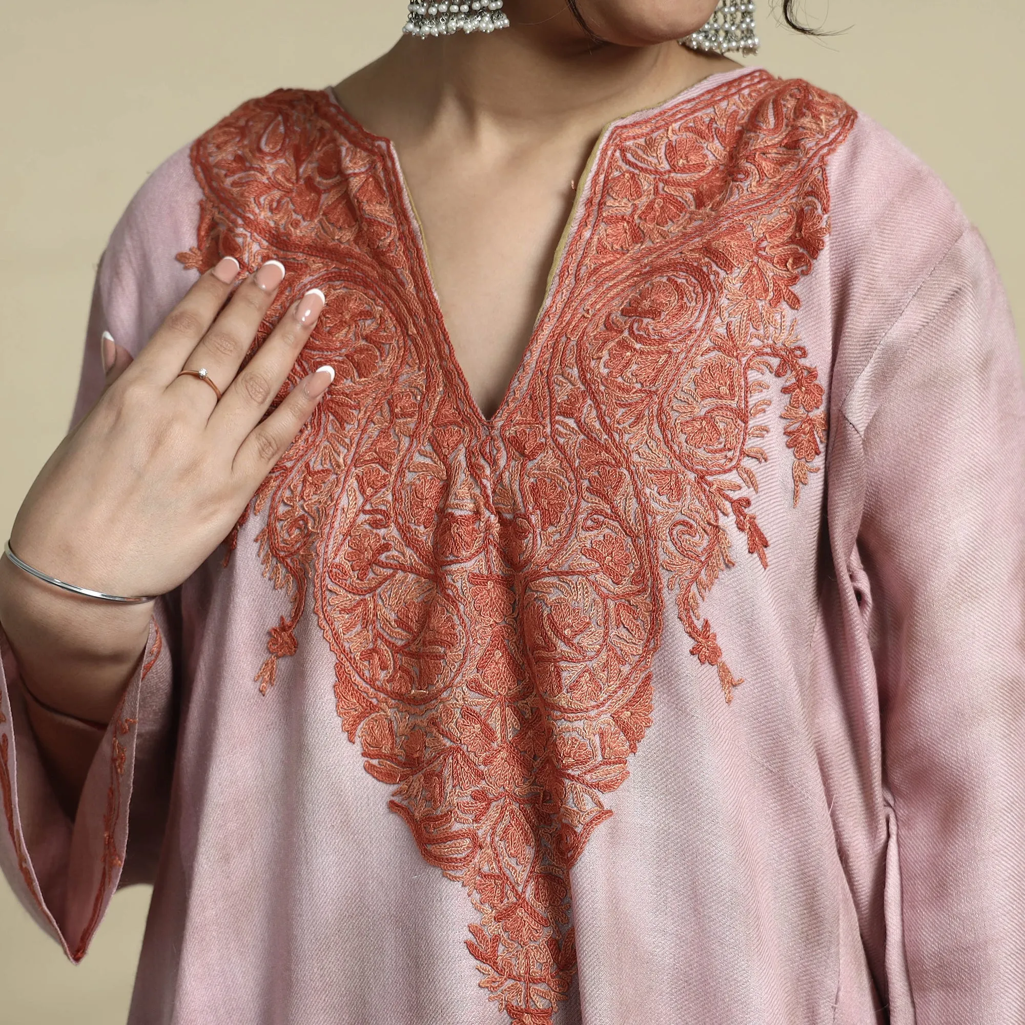 Pink - Shibori Tie-Dye Aari Embroidery Kashmiri Wool Pheran