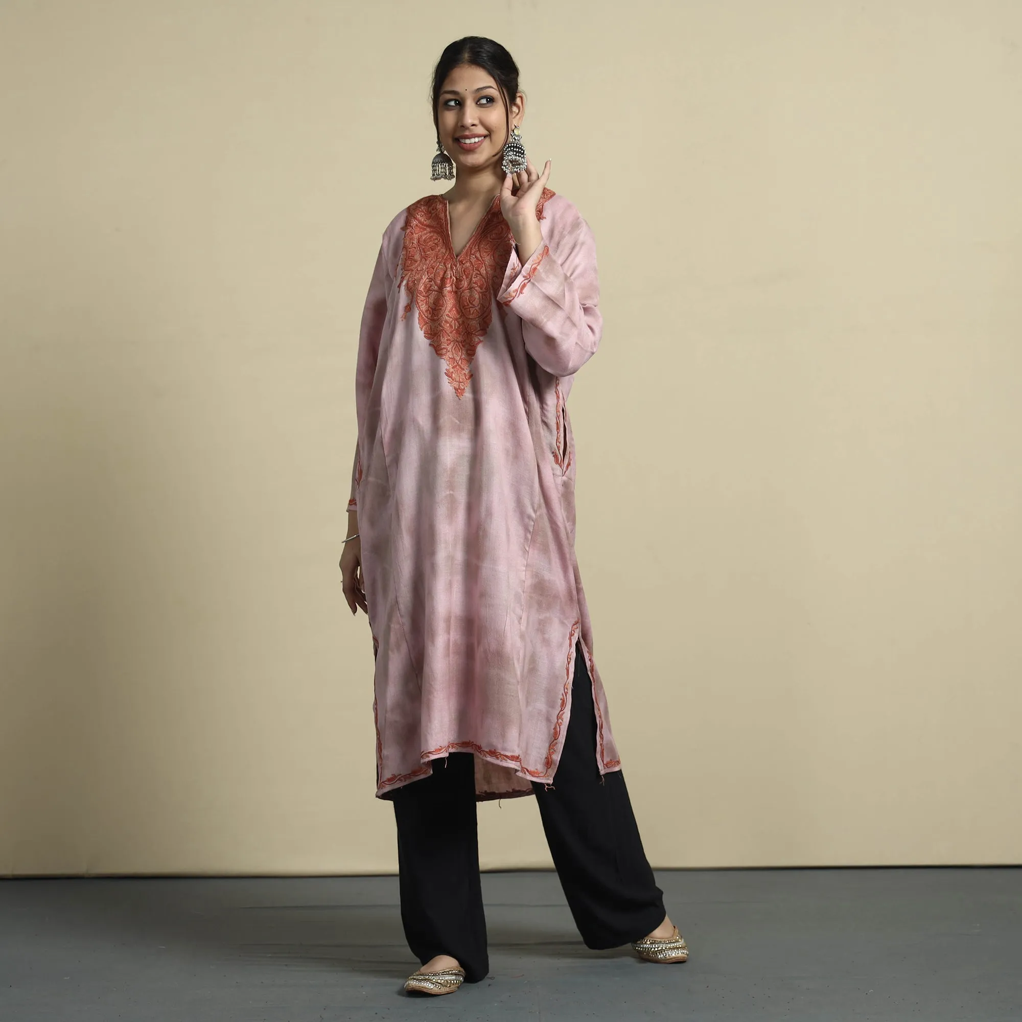 Pink - Shibori Tie-Dye Aari Embroidery Kashmiri Wool Pheran