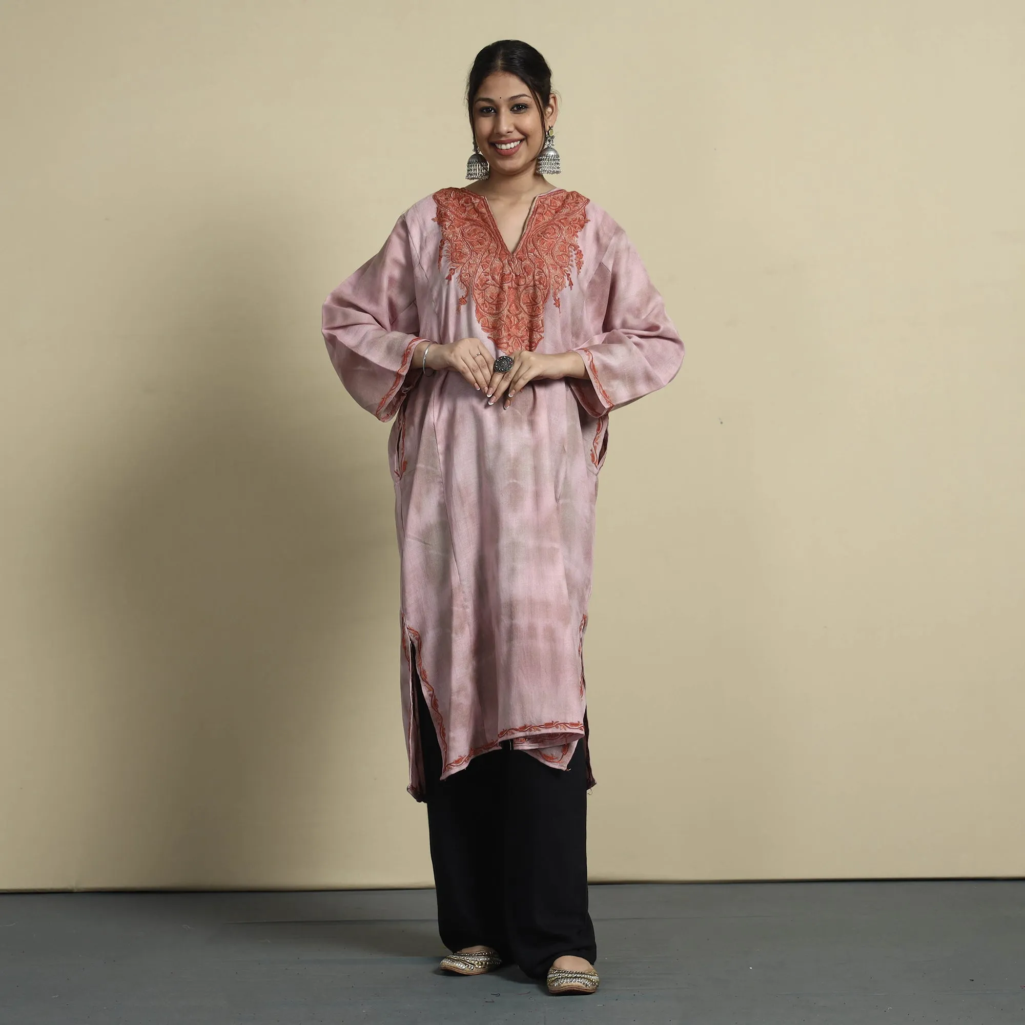 Pink - Shibori Tie-Dye Aari Embroidery Kashmiri Wool Pheran