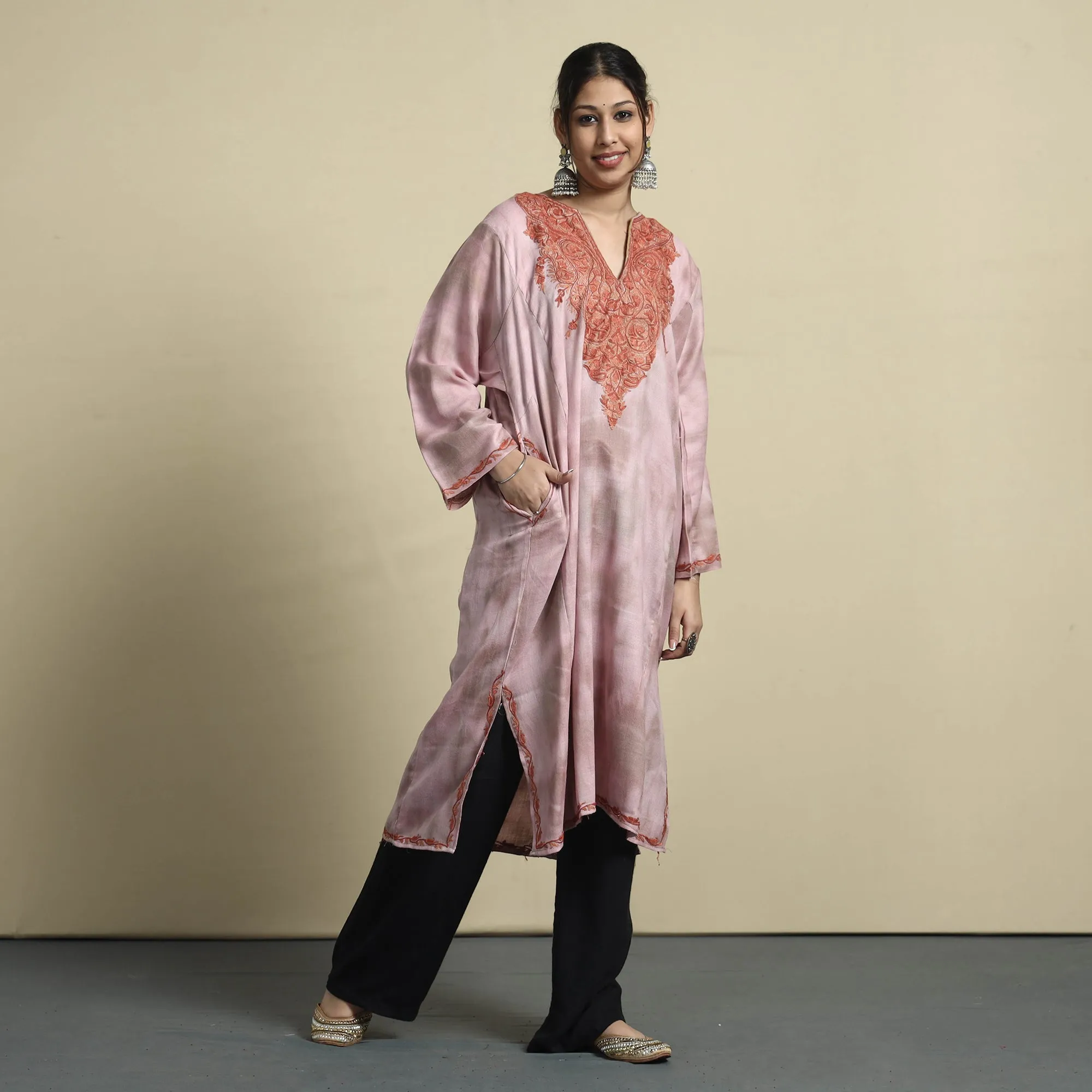 Pink - Shibori Tie-Dye Aari Embroidery Kashmiri Wool Pheran