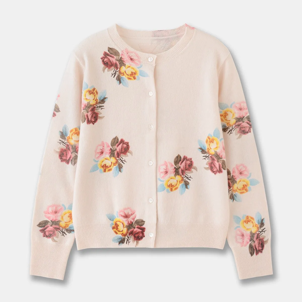 Pre Order:  Vintage Round Neck Floral Long Sleeved Woolen Cardigan