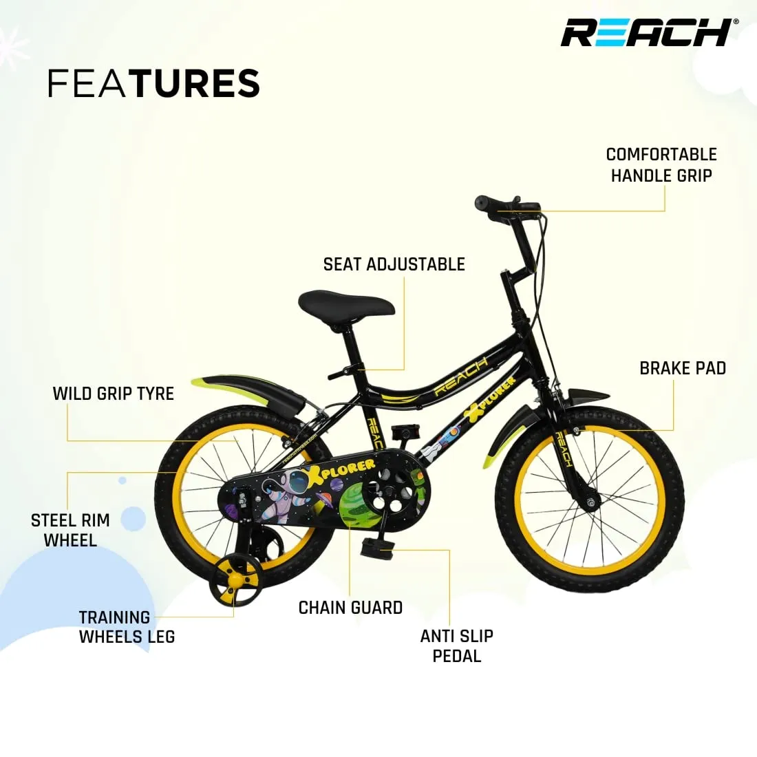 REACH Xplorer Kids Cycle 16T with Training Wheels | for Boys and Girls | 90% Assembled | Frame Size: 12" | Ideal for Height: 3 ft 8 inch  | Ideal for ages 4-8 years