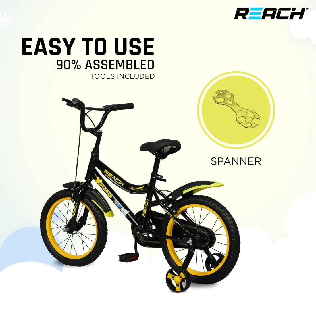 REACH Xplorer Kids Cycle 16T with Training Wheels | for Boys and Girls | 90% Assembled | Frame Size: 12" | Ideal for Height: 3 ft 8 inch  | Ideal for ages 4-8 years