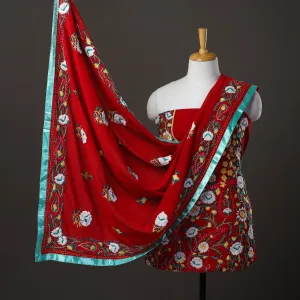 Red - 3pc Hand Embroidery Georgette Phulkari Dress Material 12