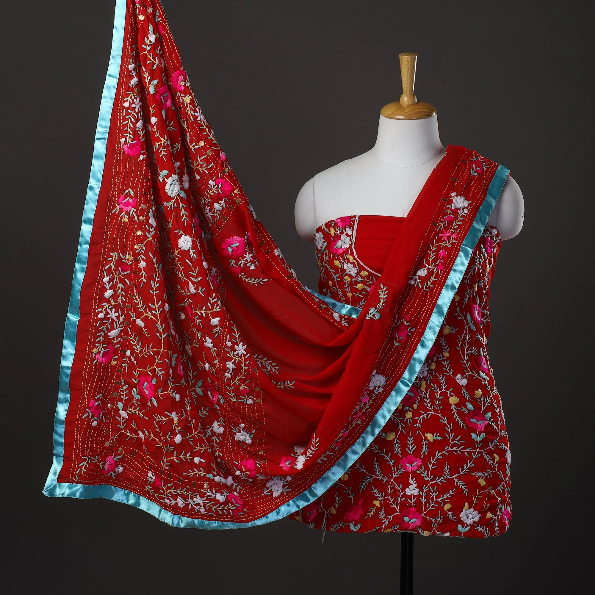 Red - 3pc Hand Embroidery Georgette Phulkari Dress Material 22