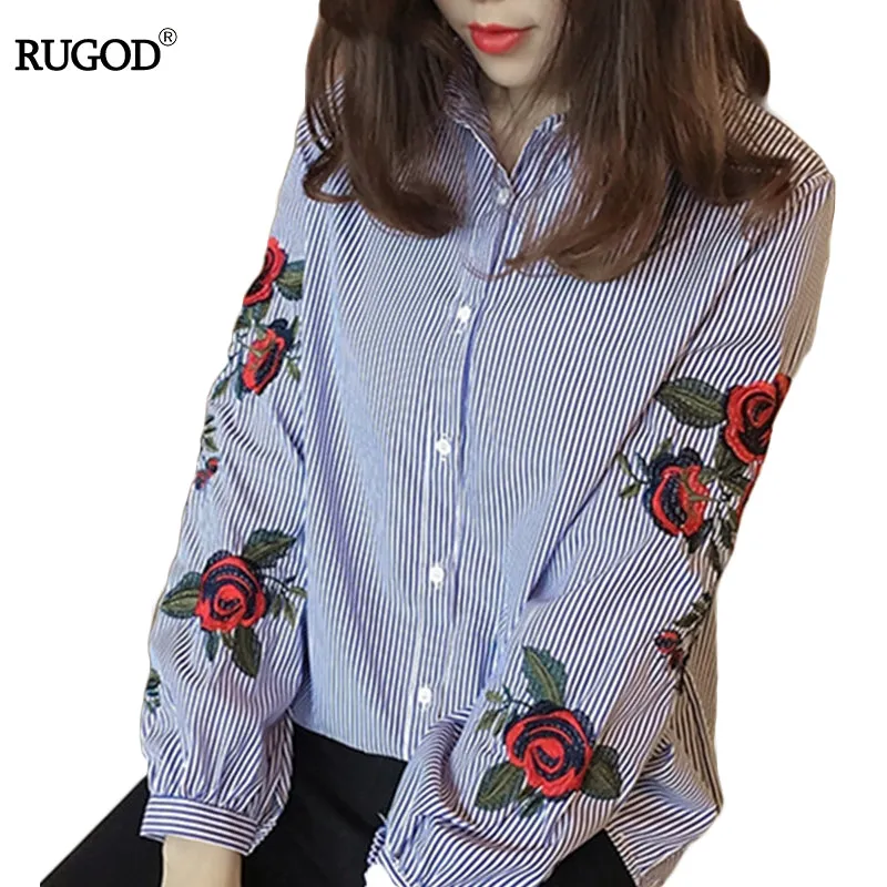 Rugod 2017 Spring Shirts Women Turn-Down Long Sleeve Flower Embroidery Single-Breasted Blouses Lady Fashion Loose Tops Blusas