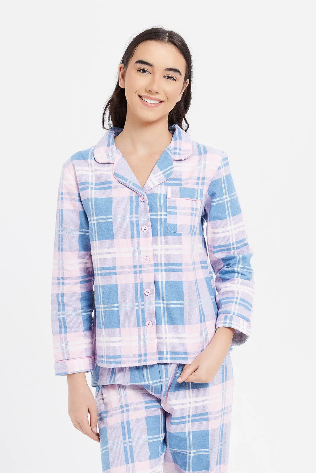 Senior Girls Blue And Pink Checkered Pyjama Set (2 Piece)