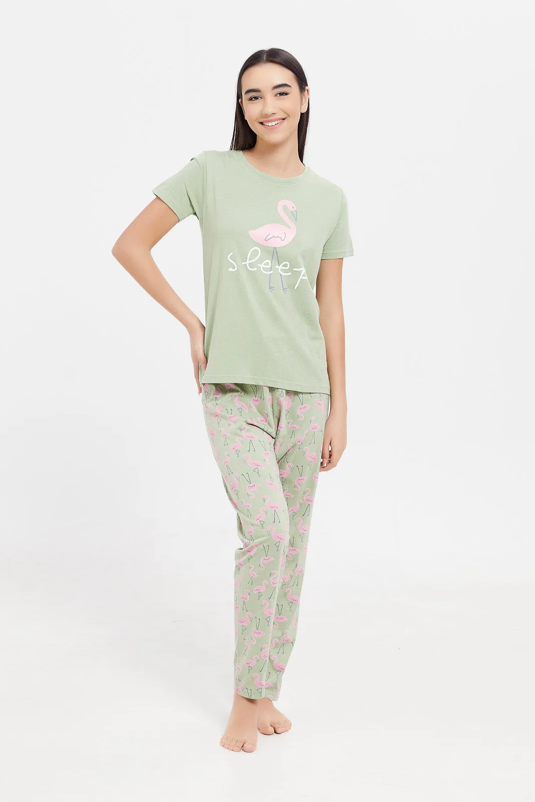 Senior Girls Green Printed Pyjama Set (2 Piece)