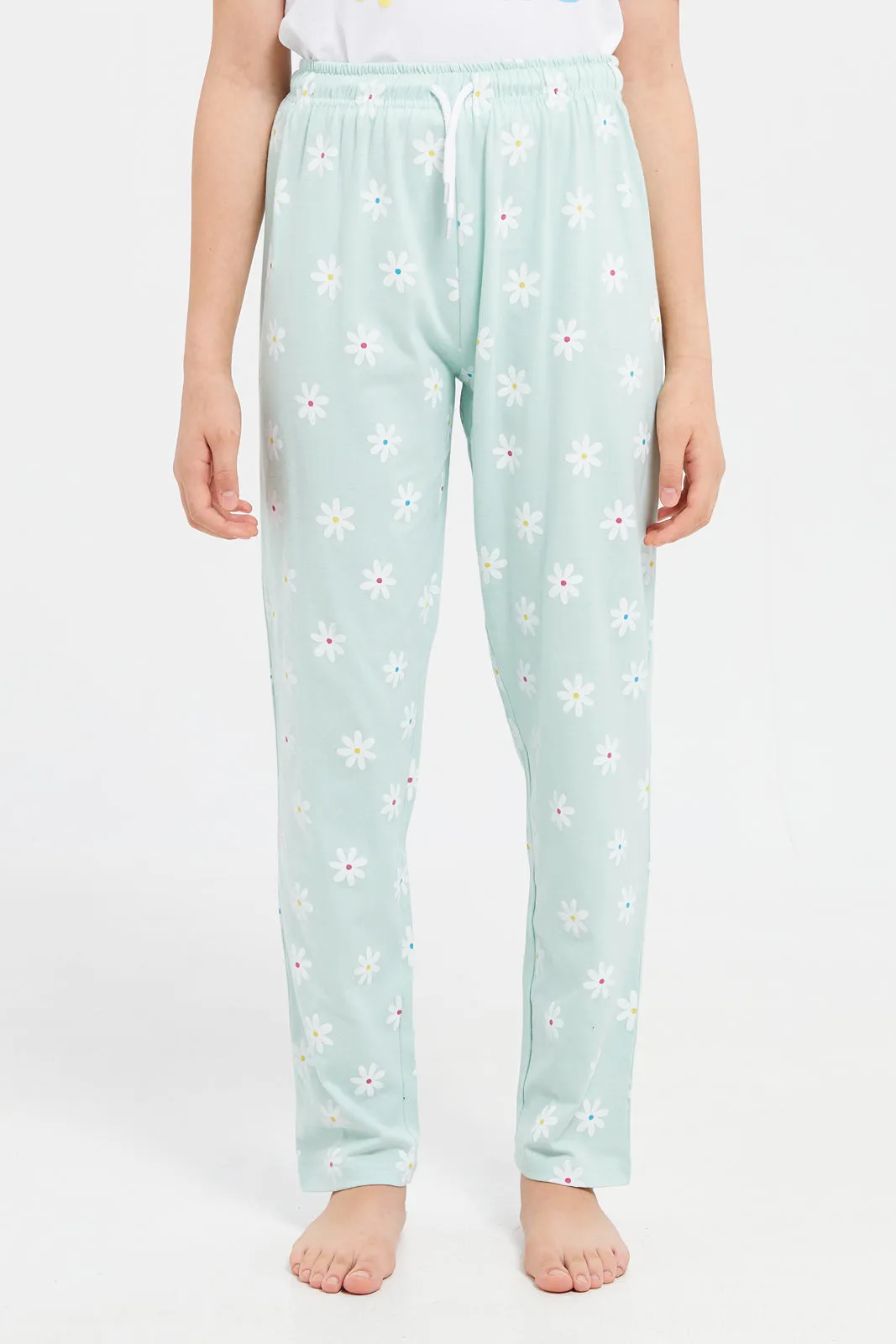 Senior Girls White And Green Floral Pyjama Set (2 Piece)