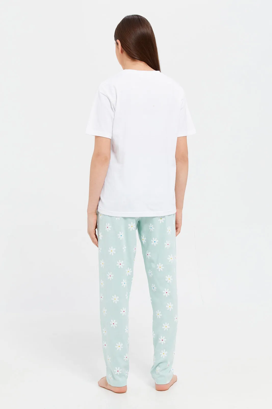 Senior Girls White And Green Floral Pyjama Set (2 Piece)