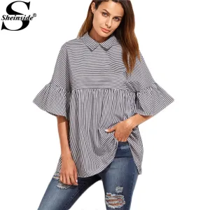 Sheinside Women Striped Blouses Ruffle Sleeve Casual Tops Autumn Style New Arrival Ladies Shirt Babydoll Cute Blouse