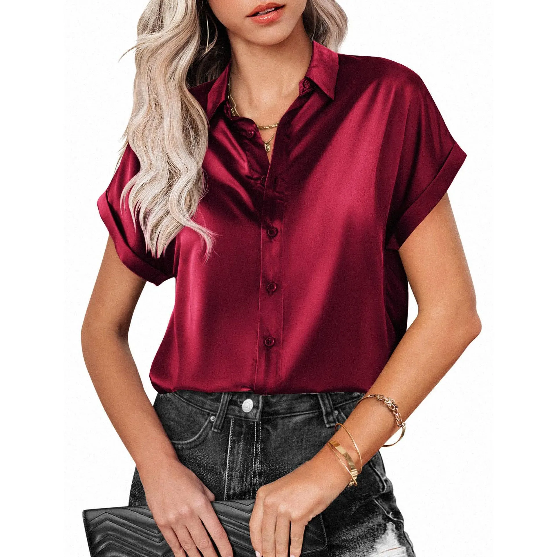 Short Sleeve Shirt Summer Casual Loose Solid Color Beach Top For Womens Clothing