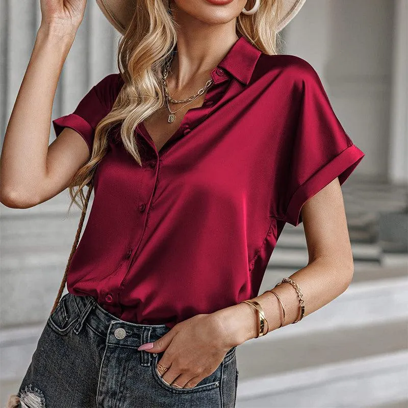 Short Sleeve Shirt Summer Casual Loose Solid Color Beach Top For Womens Clothing