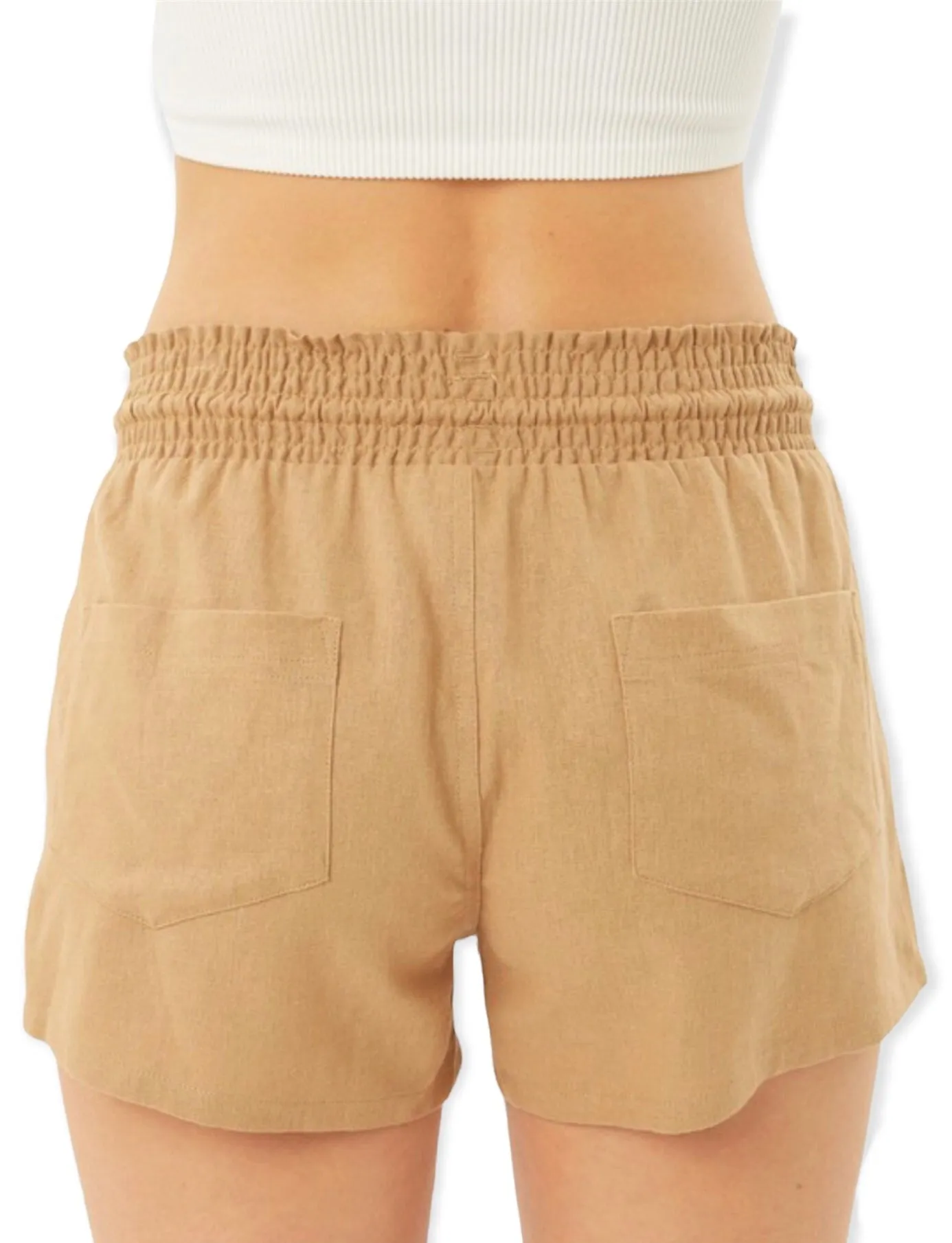 Solid Smocked Waist Shorts- Camel