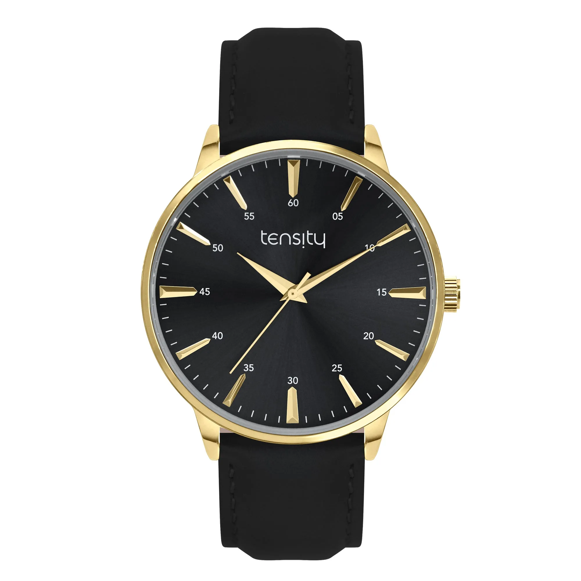 Tensity Leather Round Gold Bezel Black Band Watch