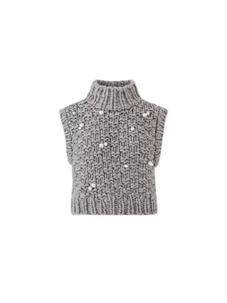 Turtleneck beaded sleeveless vest【s0000004157】