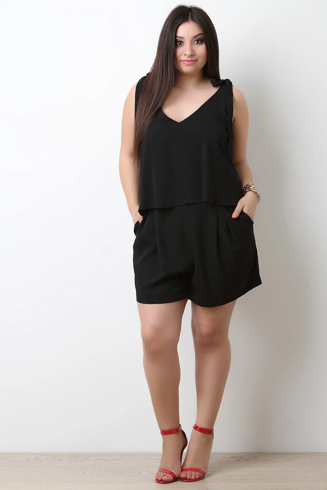 V-Neck Textured Tier Self-Tie Romper