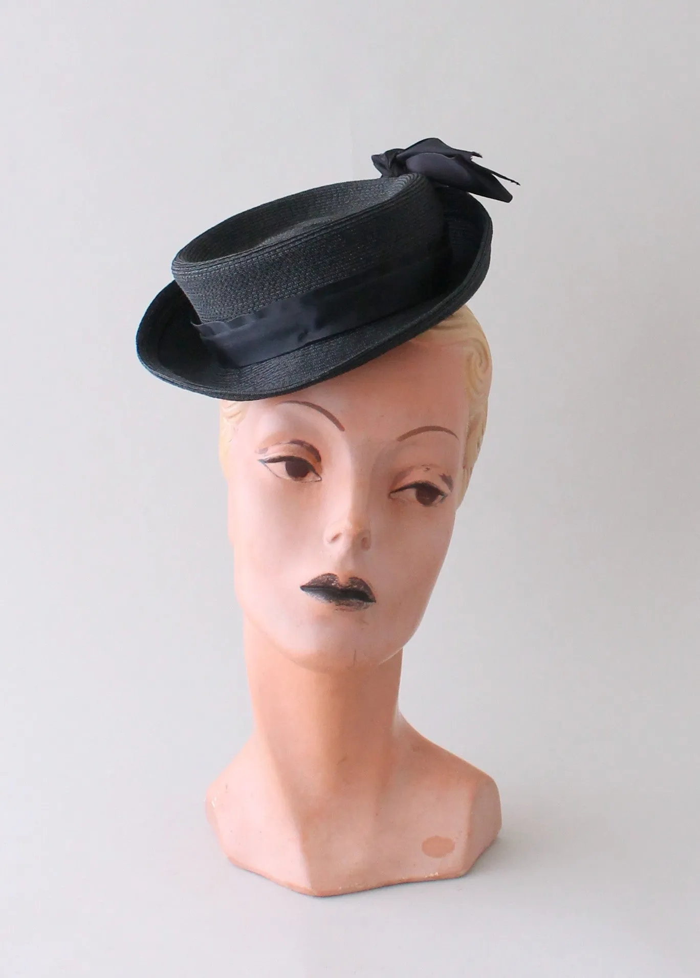 Vintage 1940s Black Straw Tilt Riding Hat