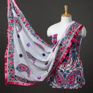 White - 3pc Hand Embroidery Georgette Phulkari Dress Material 24