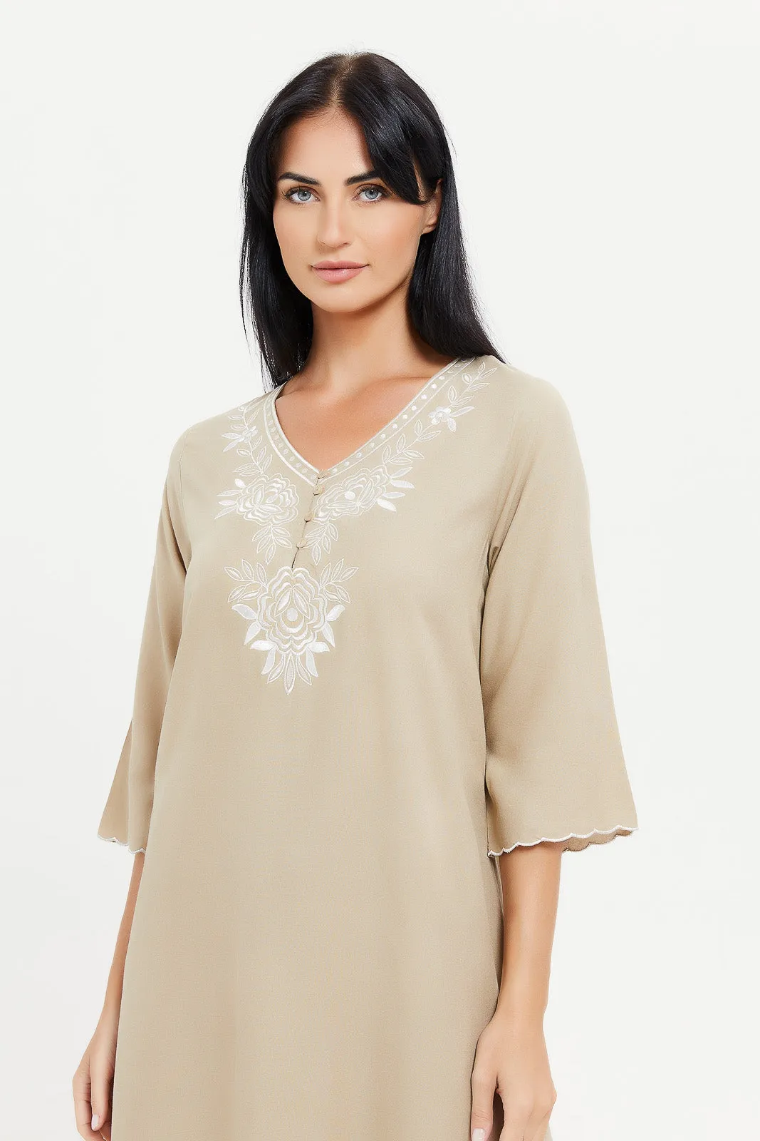 Women Beige Embroidered Nightgown