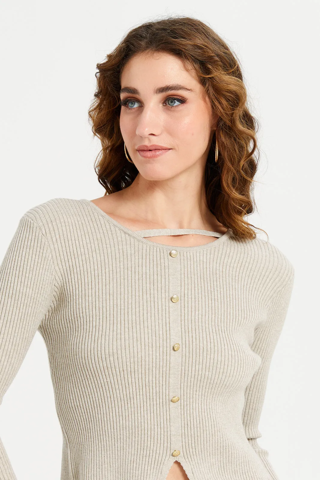 Women Beige Neck Detail Top