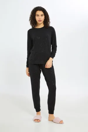 Women Black Long Sleeves Pyjama Set (2 Piece)