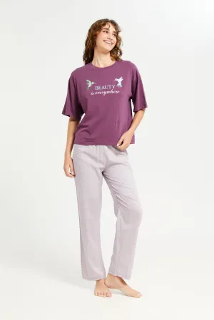 Women Burgundy Drop Shoulder Pyjama Set (2 Piece)