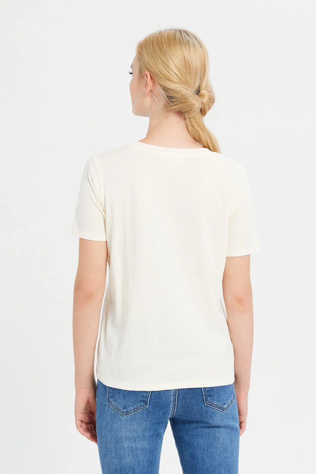 Women Cream Embellished T-Shirt