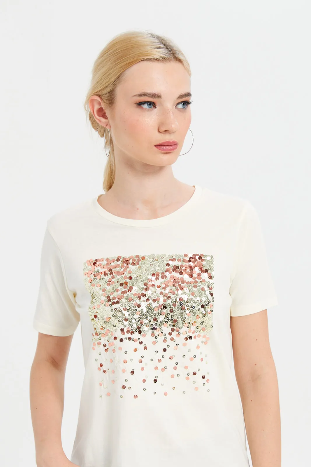 Women Cream Embellished T-Shirt