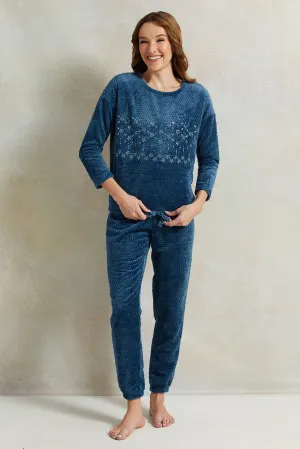 Women Navy Jacquard Pajama Set (2 Piece)