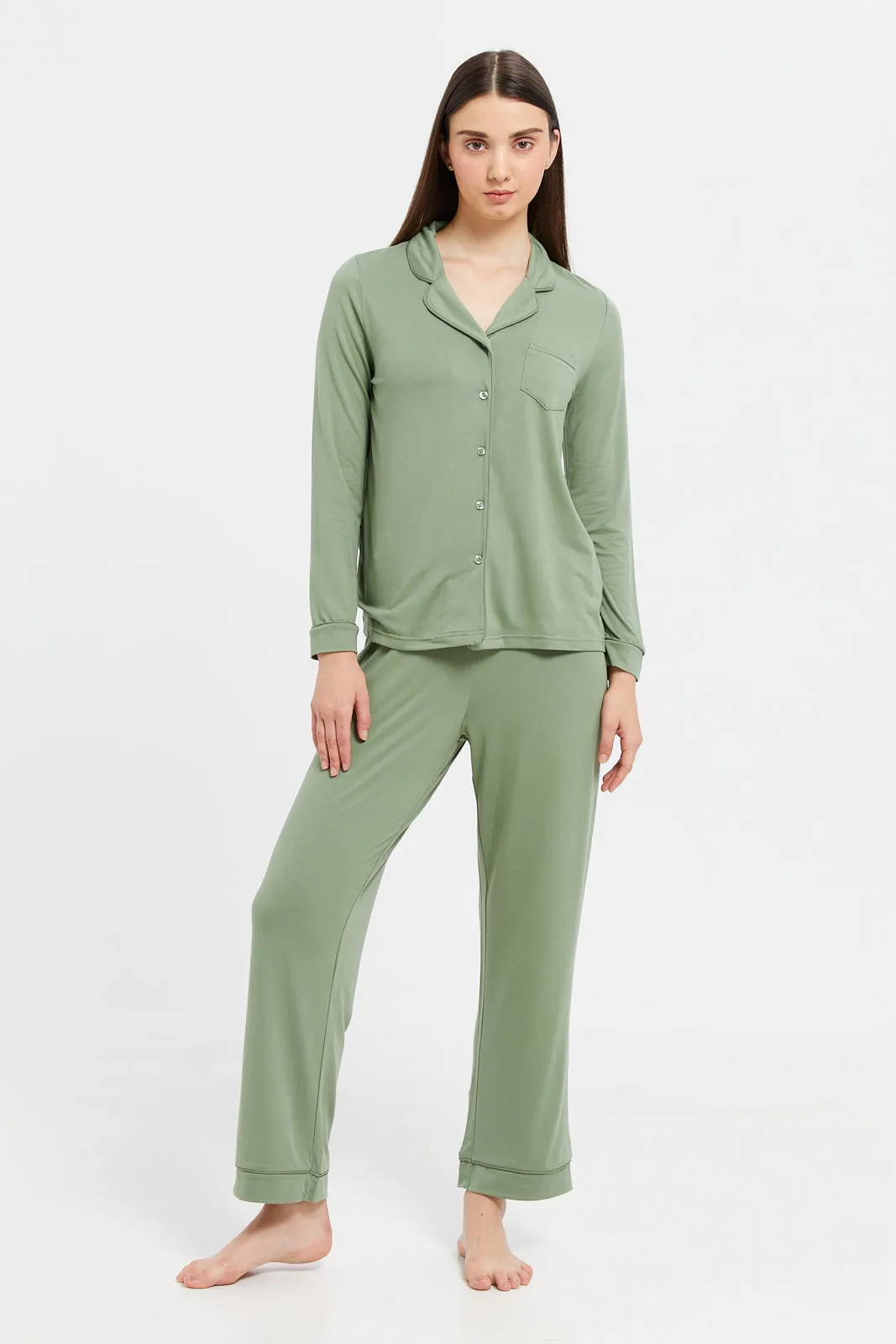 Women Olive Solid Pyjama Set (2 Piece)